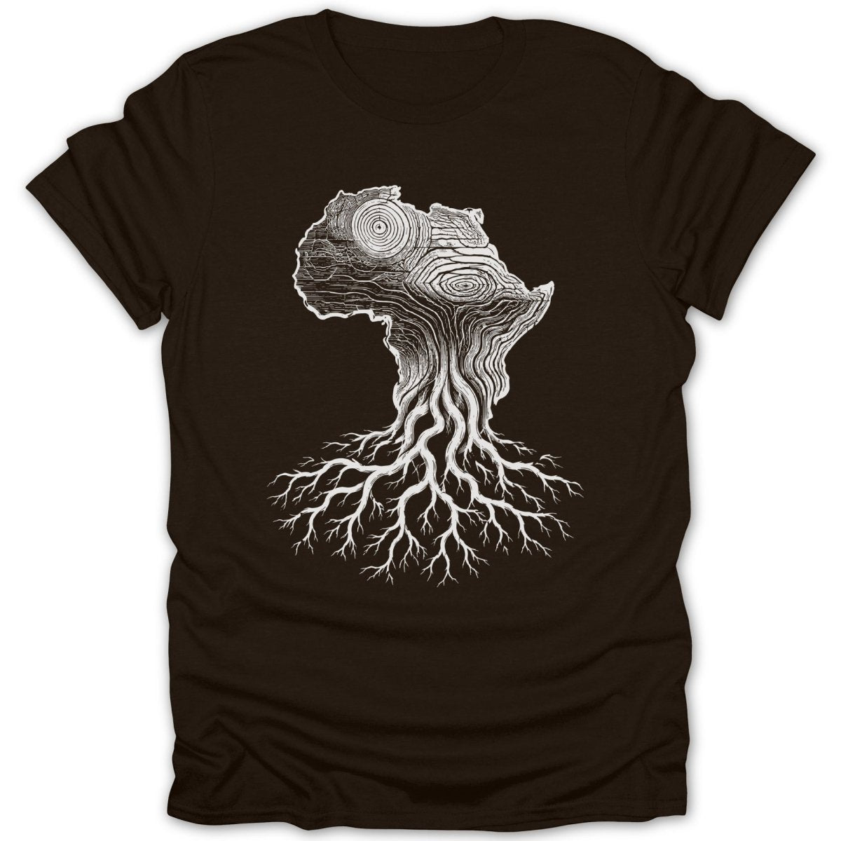 Brown t-shirt with white graphic of Africa as a tree with roots.