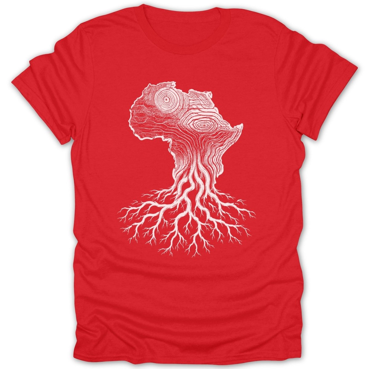 Red t-shirt with white graphic of Africa shaped like a tree trunk with roots.