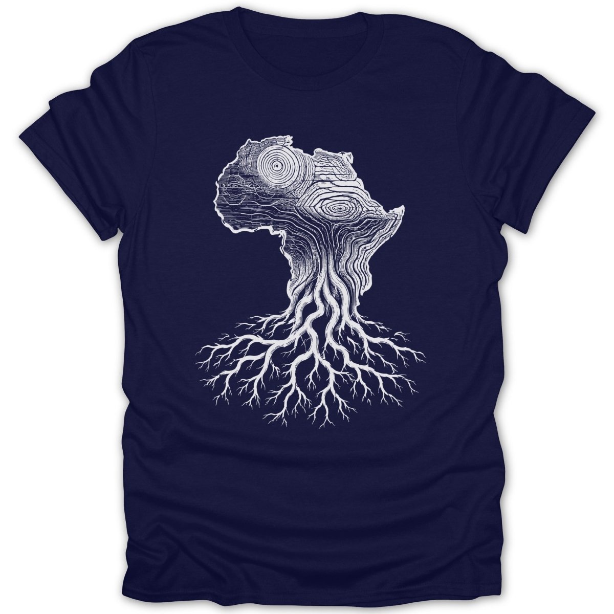 White map of Africa with tree roots design on a navy t-shirt.