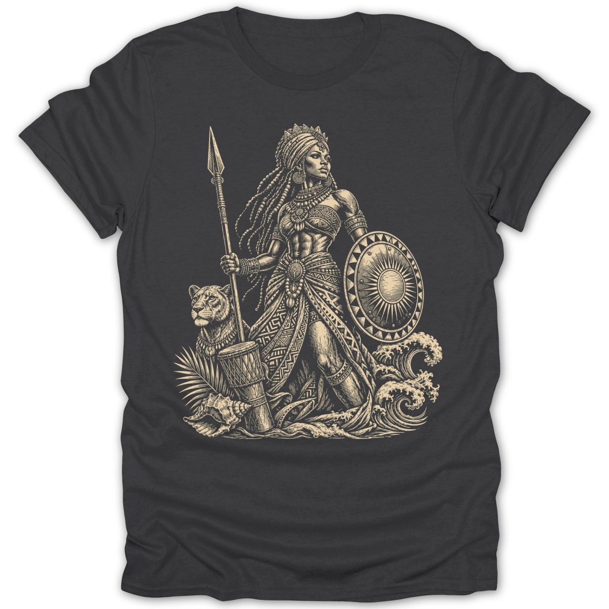Tribe warrior with spear and shield stands next to a leopard and drum.