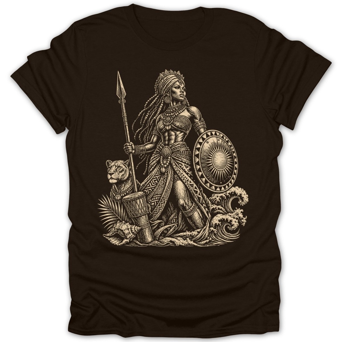 Warrior woman with spear, shield, lion, and waves illustration on brown t-shirt.