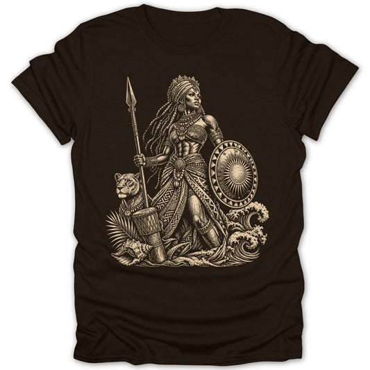 Warrior woman with spear, shield, lion, and waves illustration on brown t-shirt.