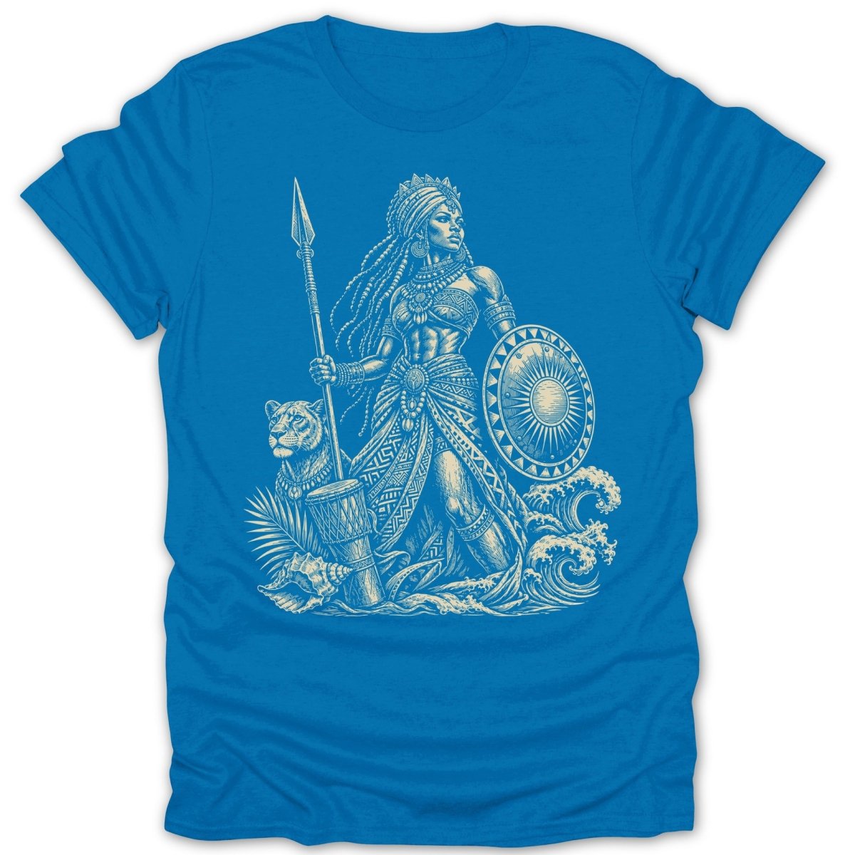 Warrior woman with spear, shield, lion, drum, and waves, on blue shirt.