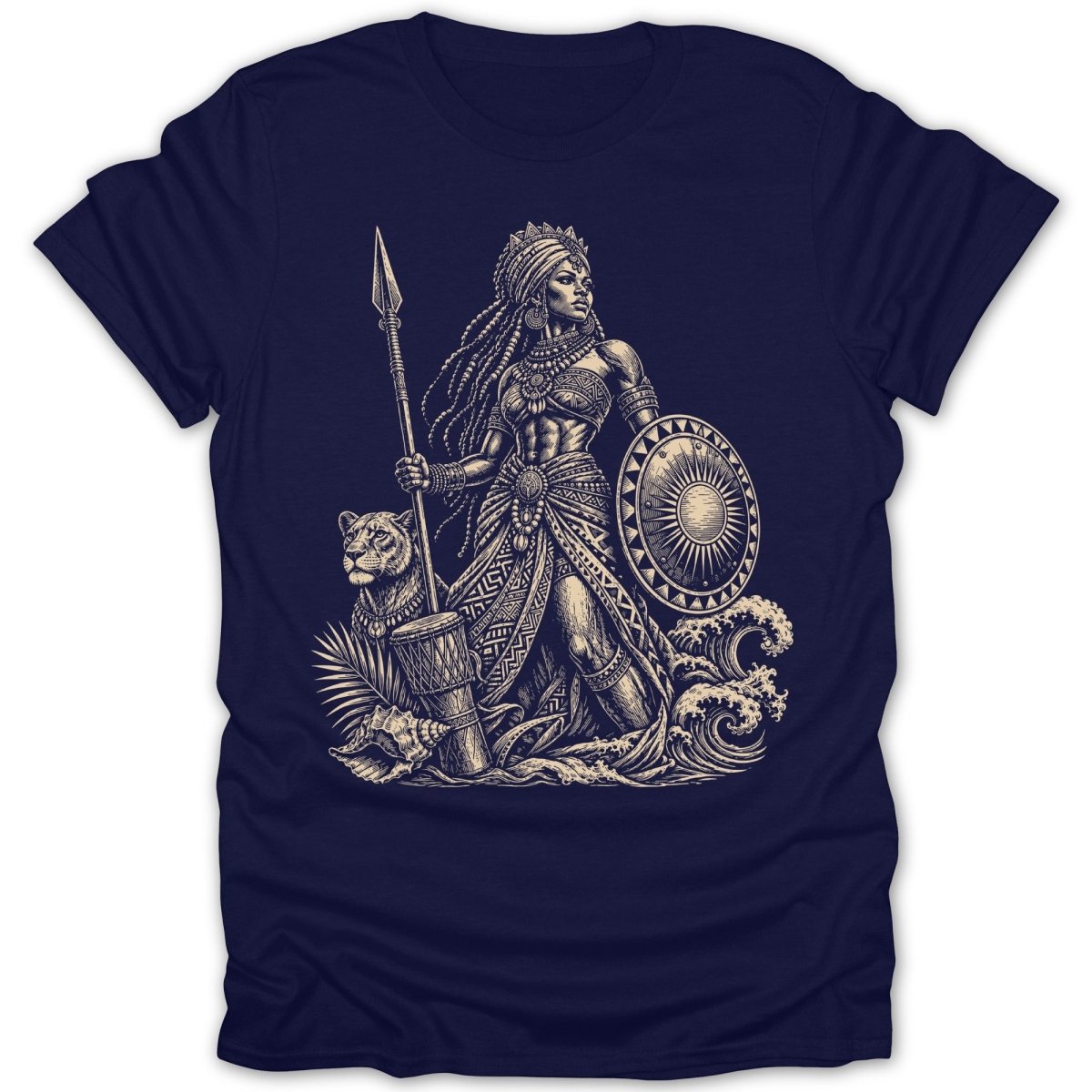 Warrior woman with spear and shield, next to a lion and waves.