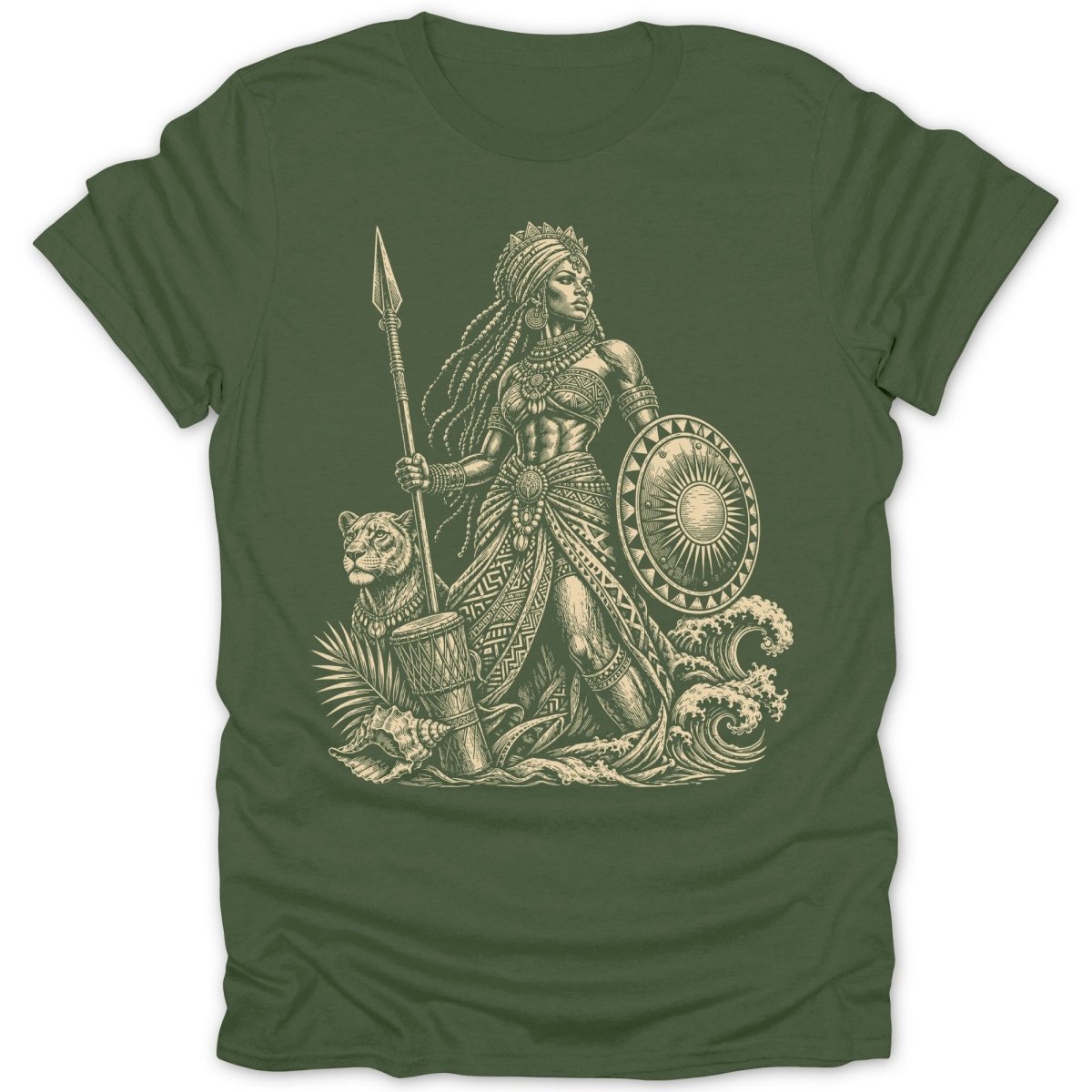 Warrior woman with spear and shield, lion, drum, and waves in beige linework.