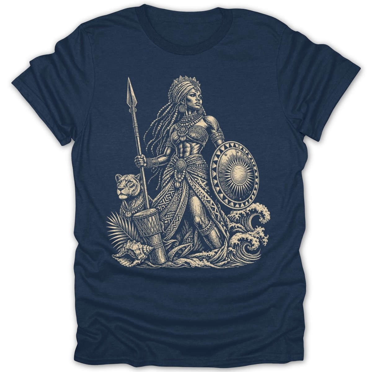African warrior woman with spear and shield, lion, and ocean waves.