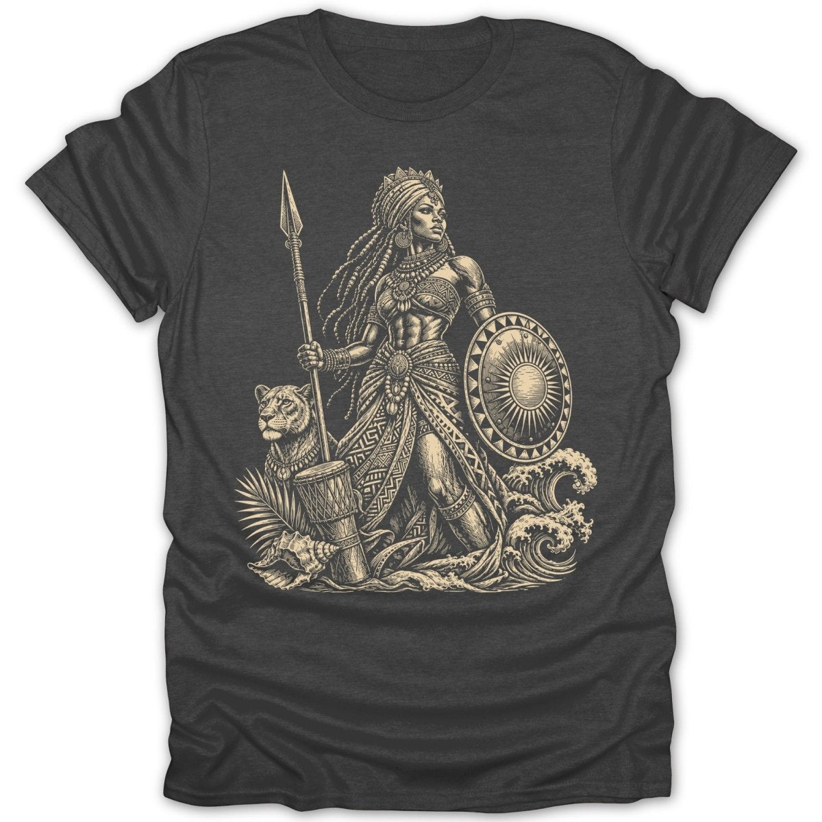 Warrior woman with spear and shield stands by lion and waves.