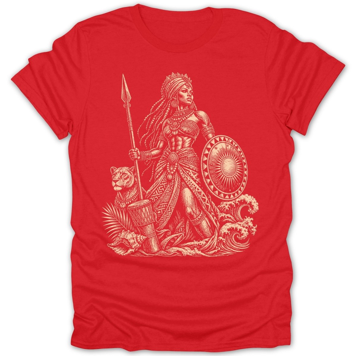 Illustration of a warrior woman with a spear and shield, near a lion and drum.