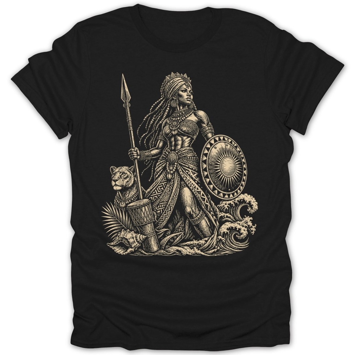 Warrior woman with spear and shield, lion, drum, and waves in tan line art.
