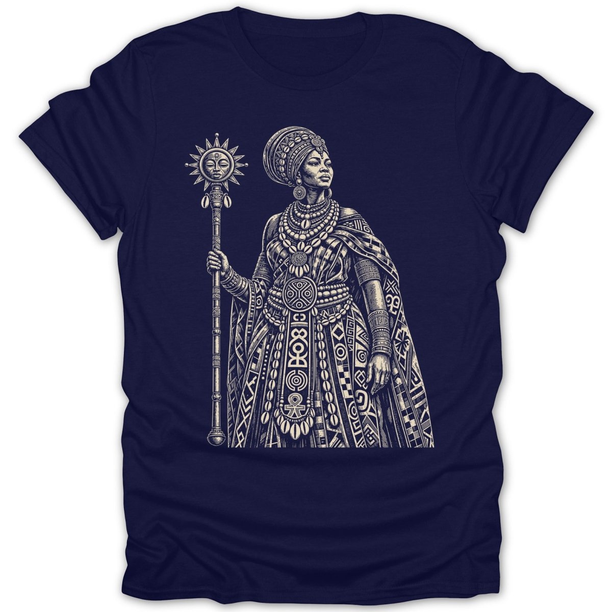 Woman in traditional attire holding a sun staff with intricate patterns.