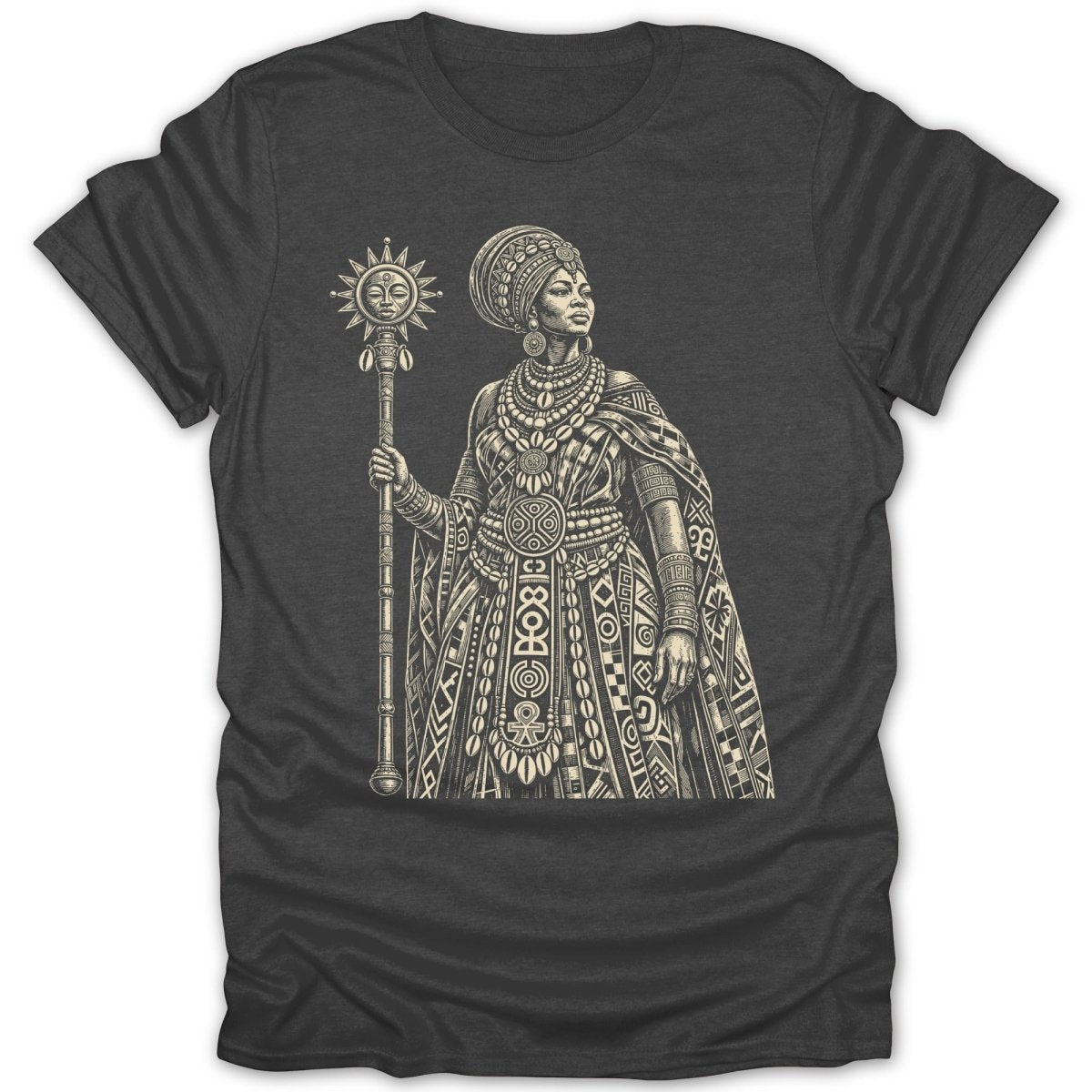 T-shirt with an intricate line drawing of a Black woman in regal attire holding a sun staff.