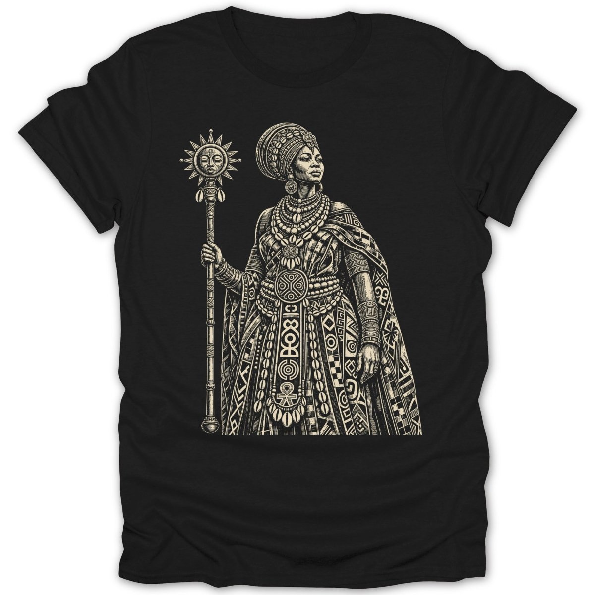Black t-shirt featuring a detailed illustration of a queen holding a sun staff with intricate patterns.