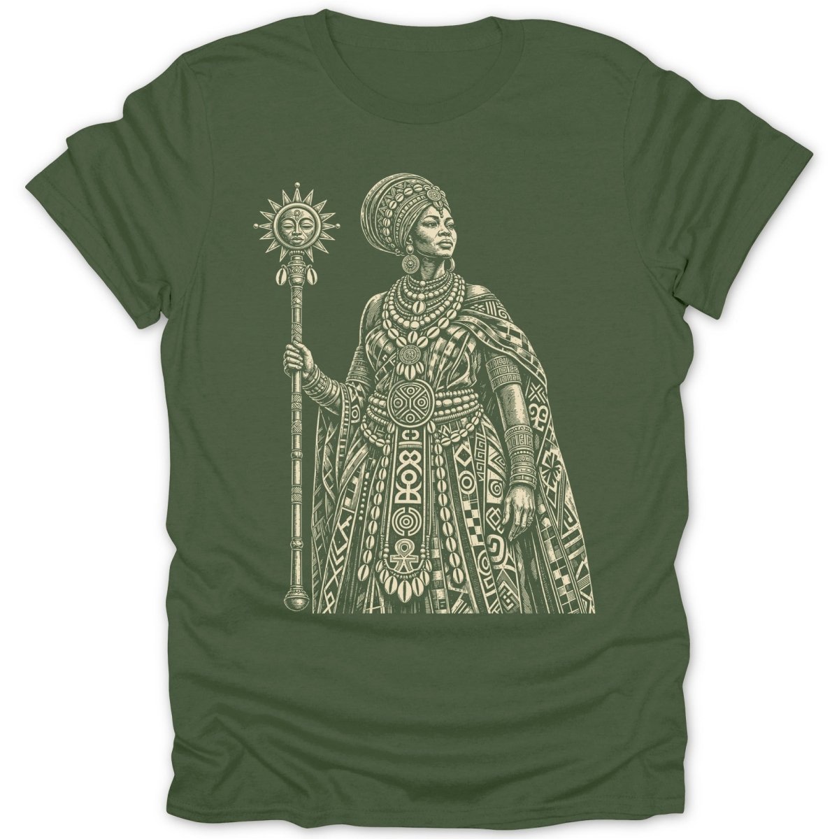 Green t-shirt featuring a monochrome illustration of a regal woman holding a sun staff.