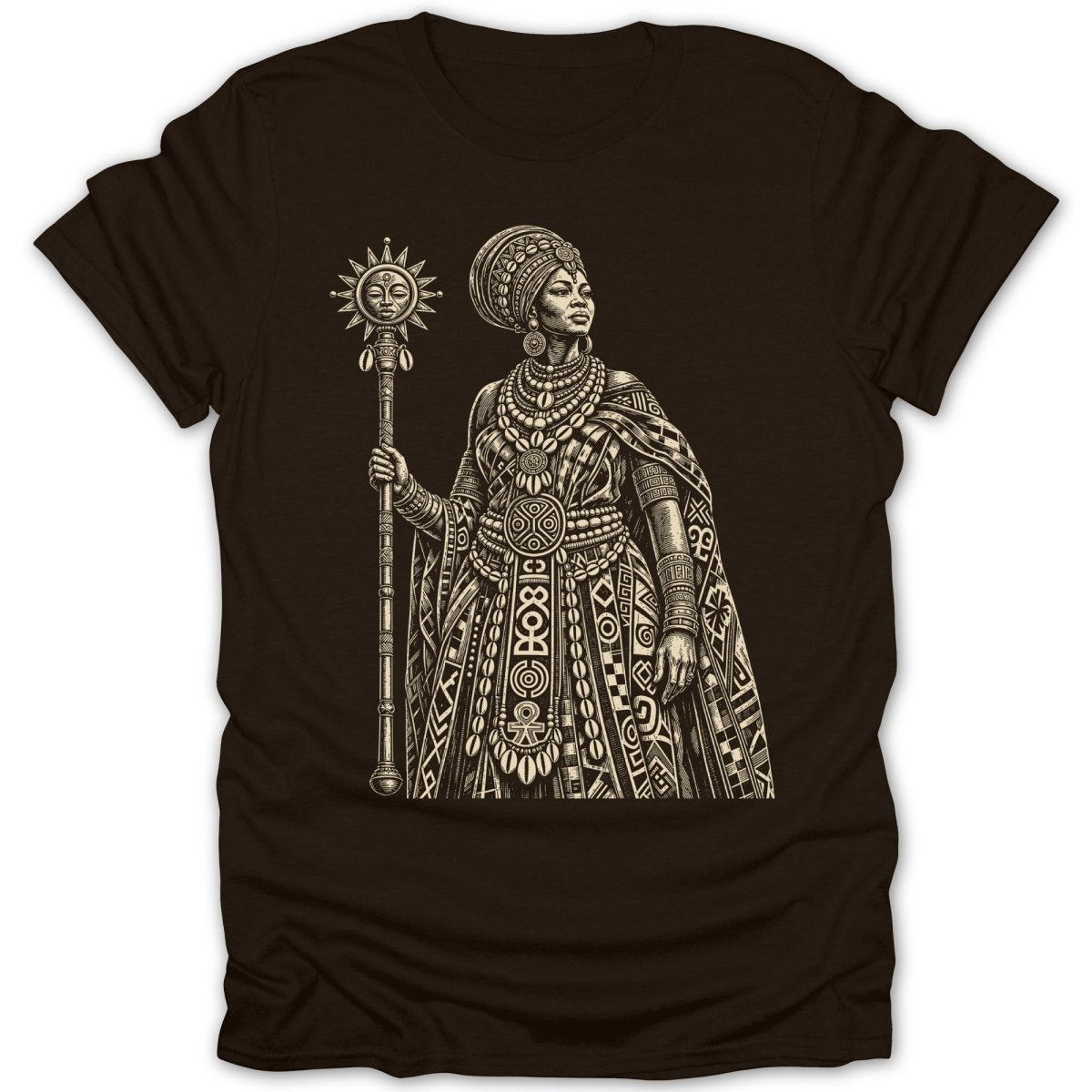 Illustration of a regal woman in traditional headdress and ornate clothing holding a sun staff.