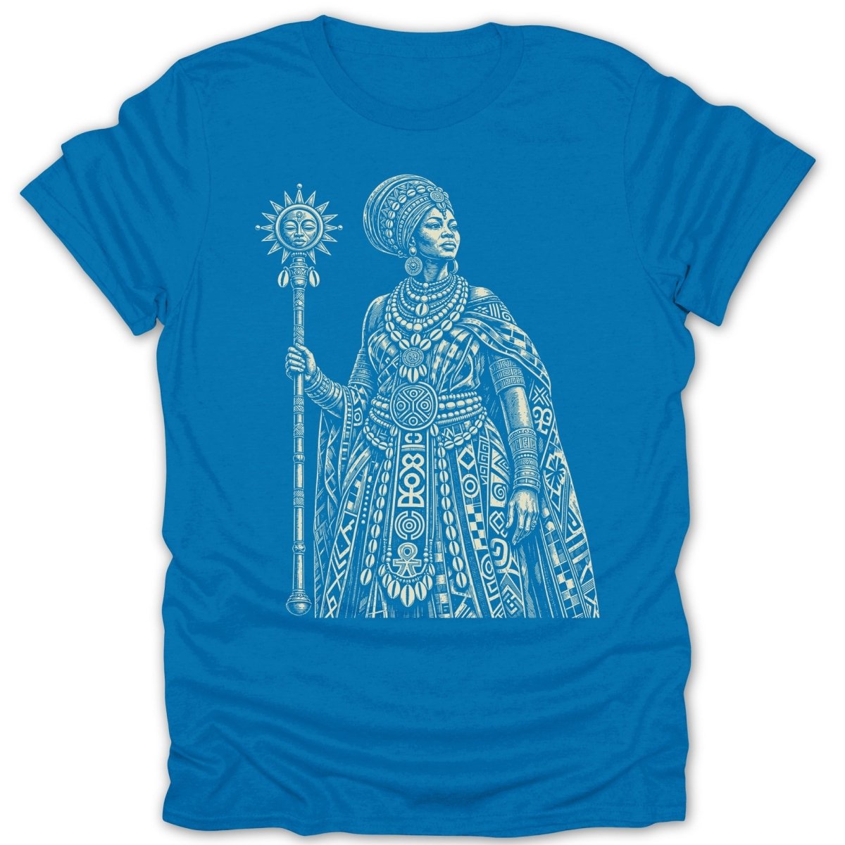 Woman wearing elaborate headdress and dress, holding a sun-topped staff.