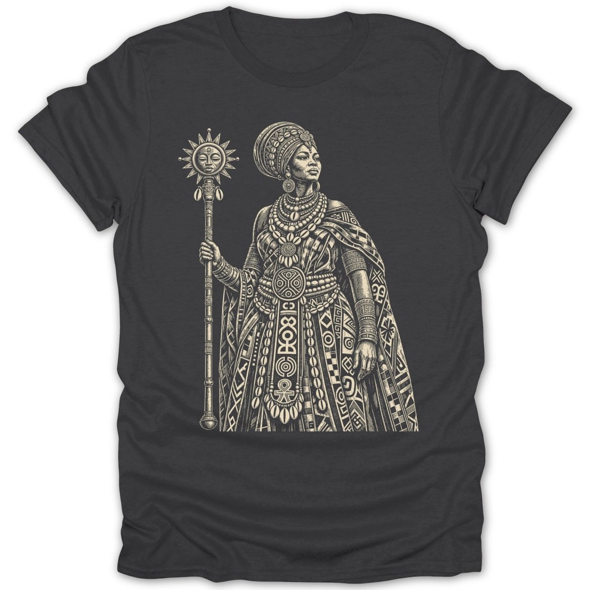 Illustration of a queen in traditional African attire holding a sun-adorned staff.