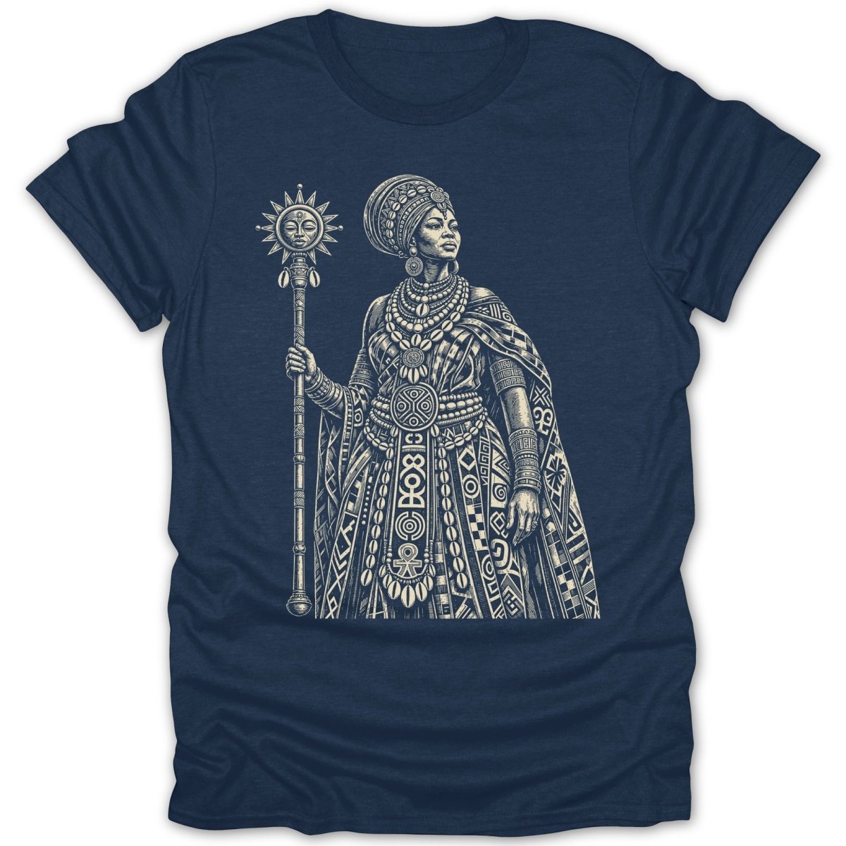 T-shirt with illustration of a regal woman holding a sun staff.