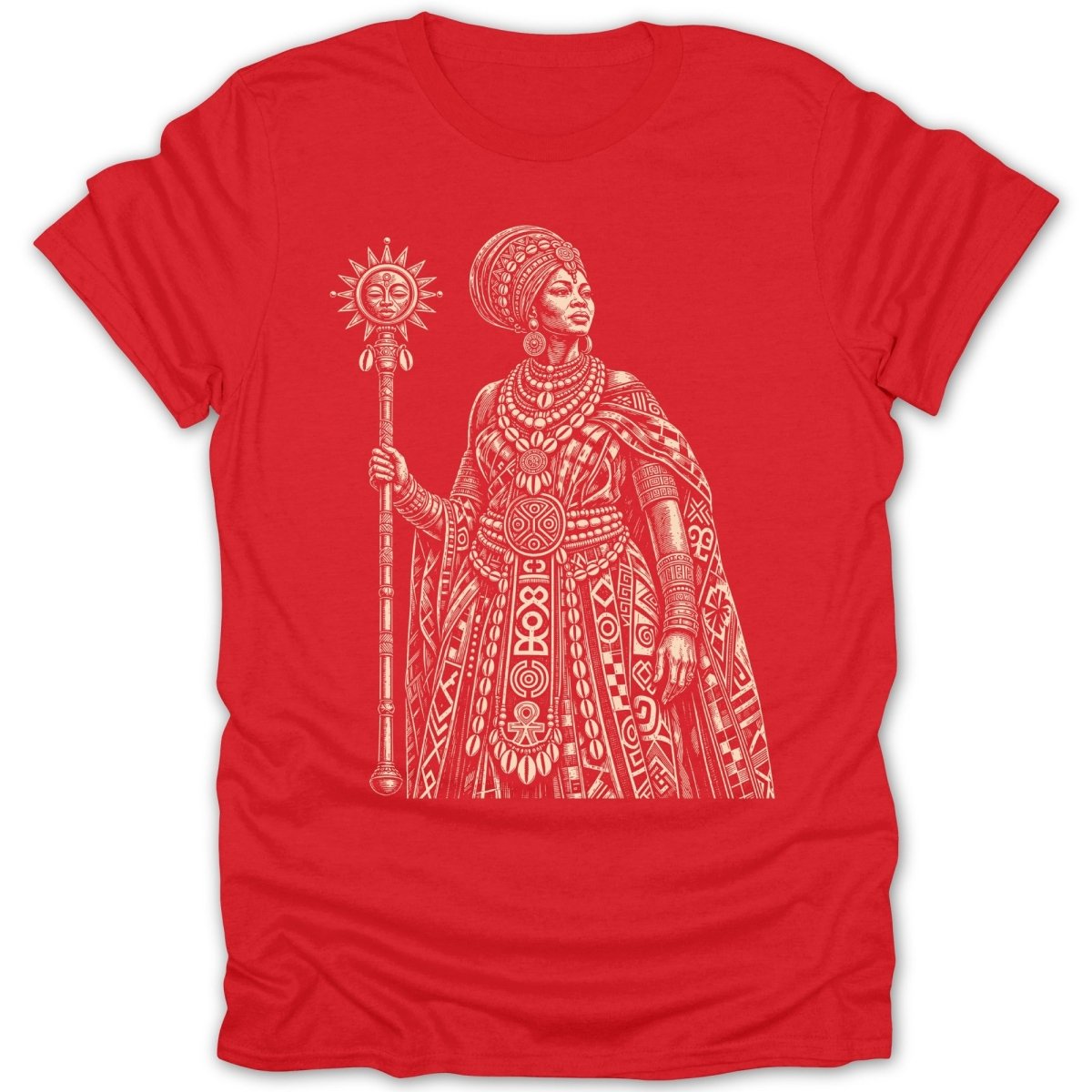 Red t-shirt with a cream linocut style illustration of a woman in ceremonial dress holding a sun staff.