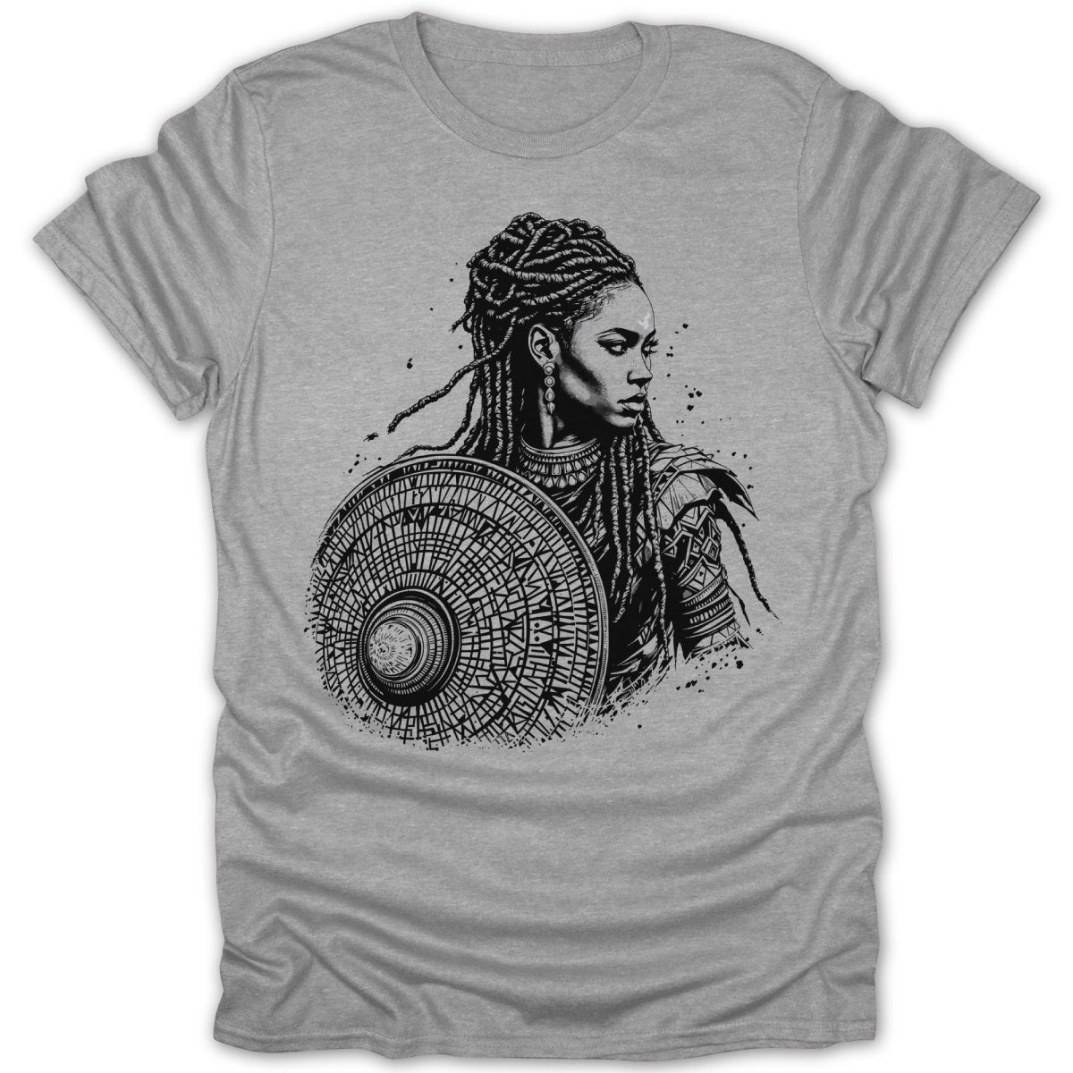 T-shirt with black ink drawing of a warrior woman with dreadlocks holding a shield.
