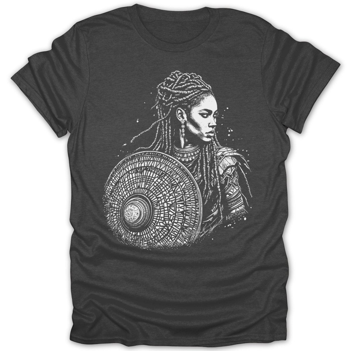 Black t-shirt with a white tribal warrior woman wearing a shield design.