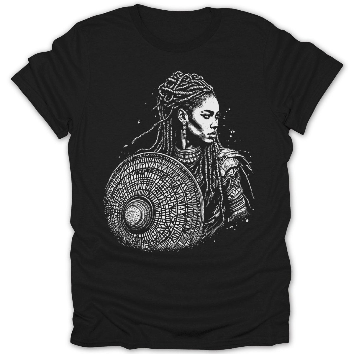 Black t-shirt with a detailed white ink drawing of an Amazonian warrior holding a shield.