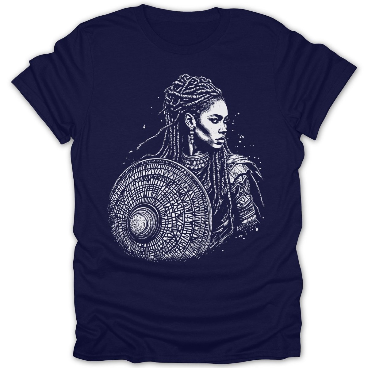 Black and white illustration of a warrior woman with a shield on a navy t-shirt.