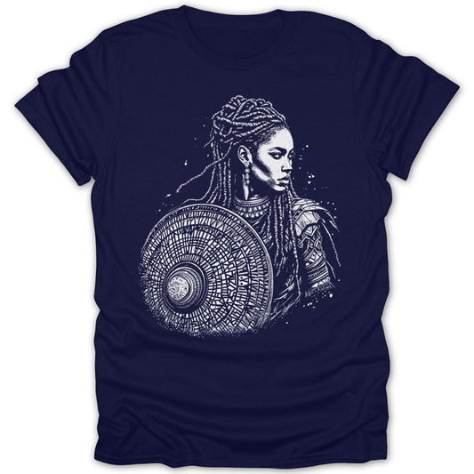 Black and white illustration of a warrior woman with a shield on a navy t-shirt.