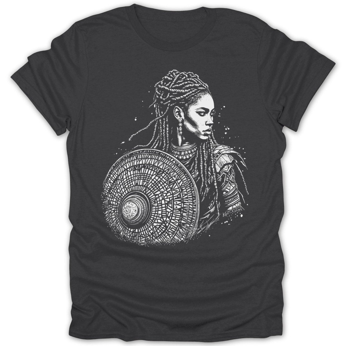 Woman with elaborate braids holding a shield, artistic chest graphic.