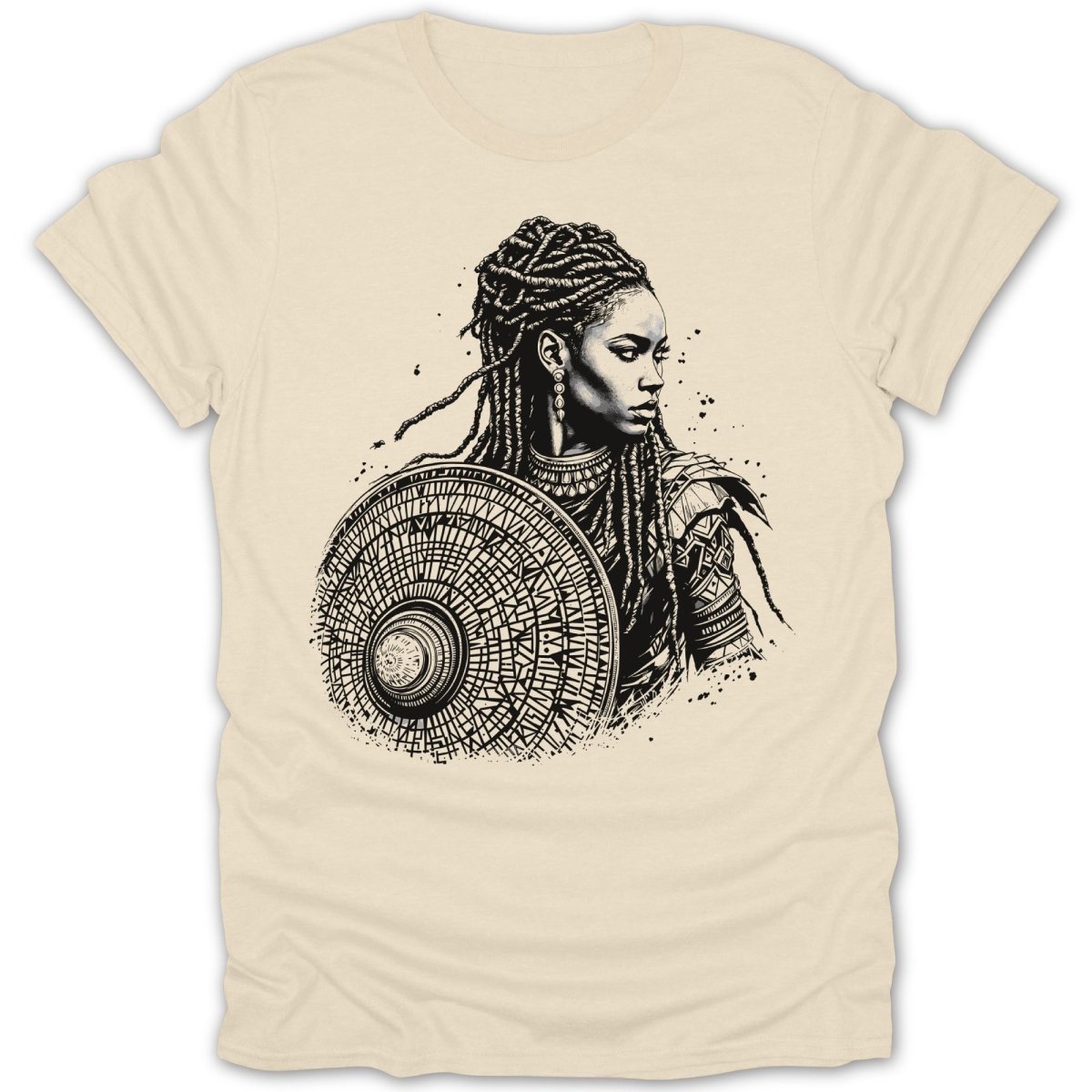 T-shirt with black and white illustration of a braided warrior woman holding a shield.