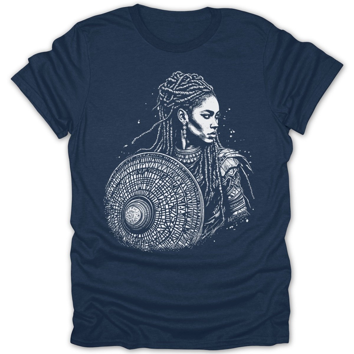 T-shirt with white illustration of a woman with braided hair holding a shield.