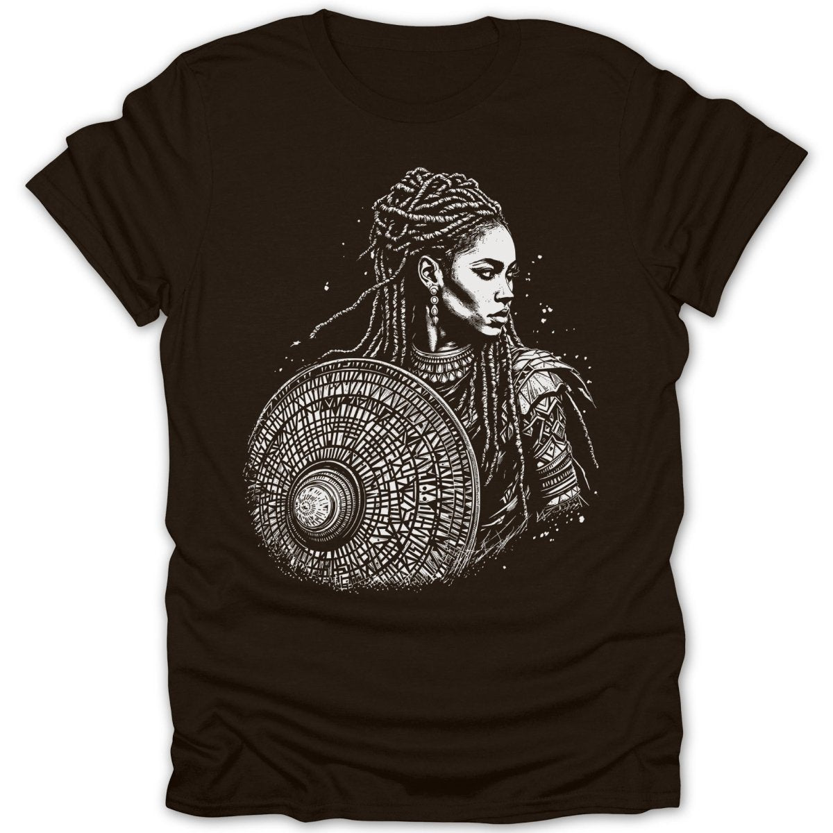 Black t-shirt with white graphic of a woman with braids holding a shield.