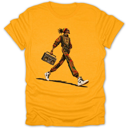 Man in patterned tracksuit and dreadlocks carries boombox, walking on yellow t-shirt.