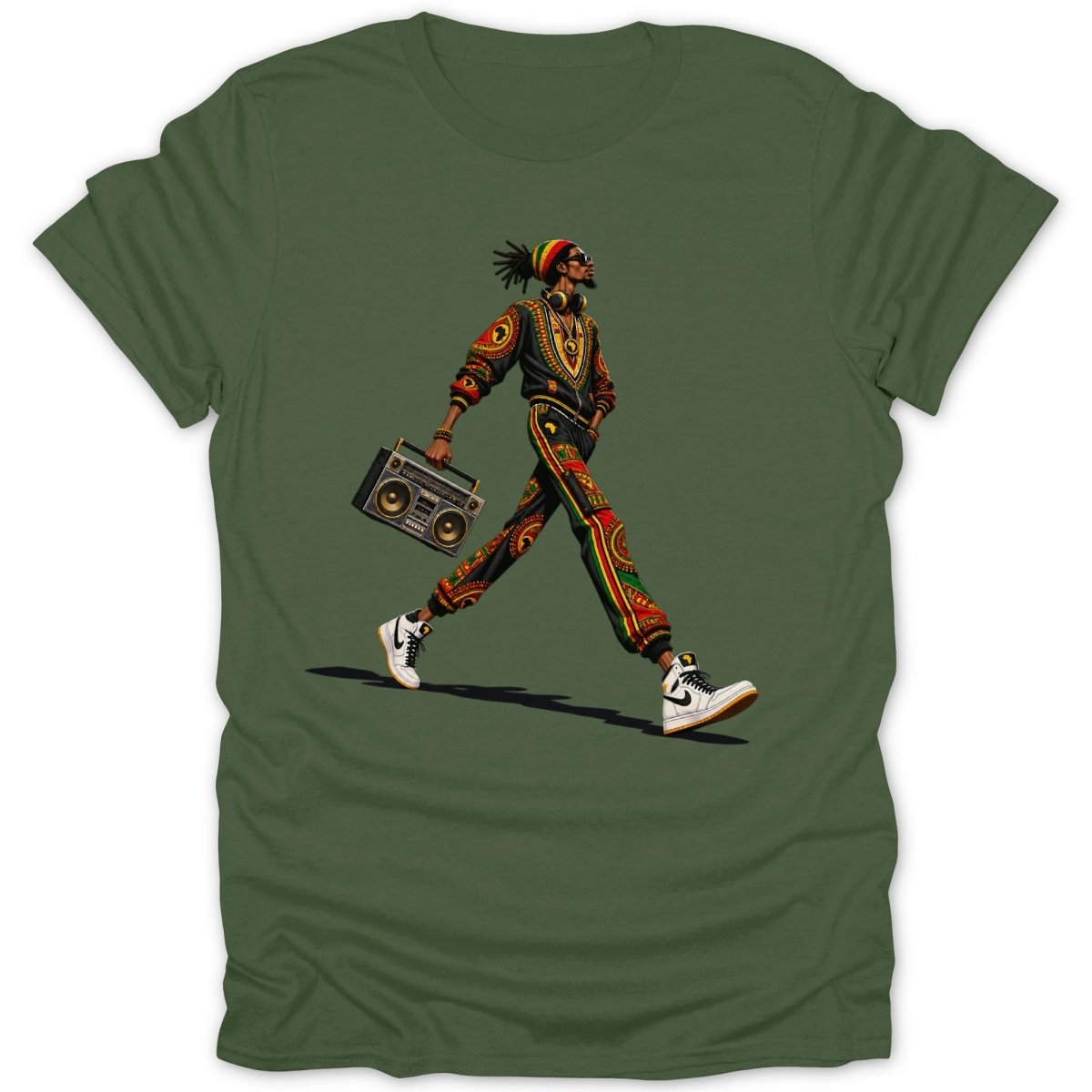 Man in dashiki-style outfit walks with boombox, wearing rasta beanie and sneakers.