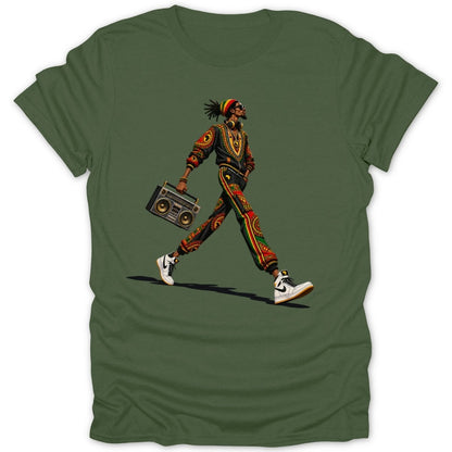 Man in dashiki-style outfit walks with boombox, wearing rasta beanie and sneakers.