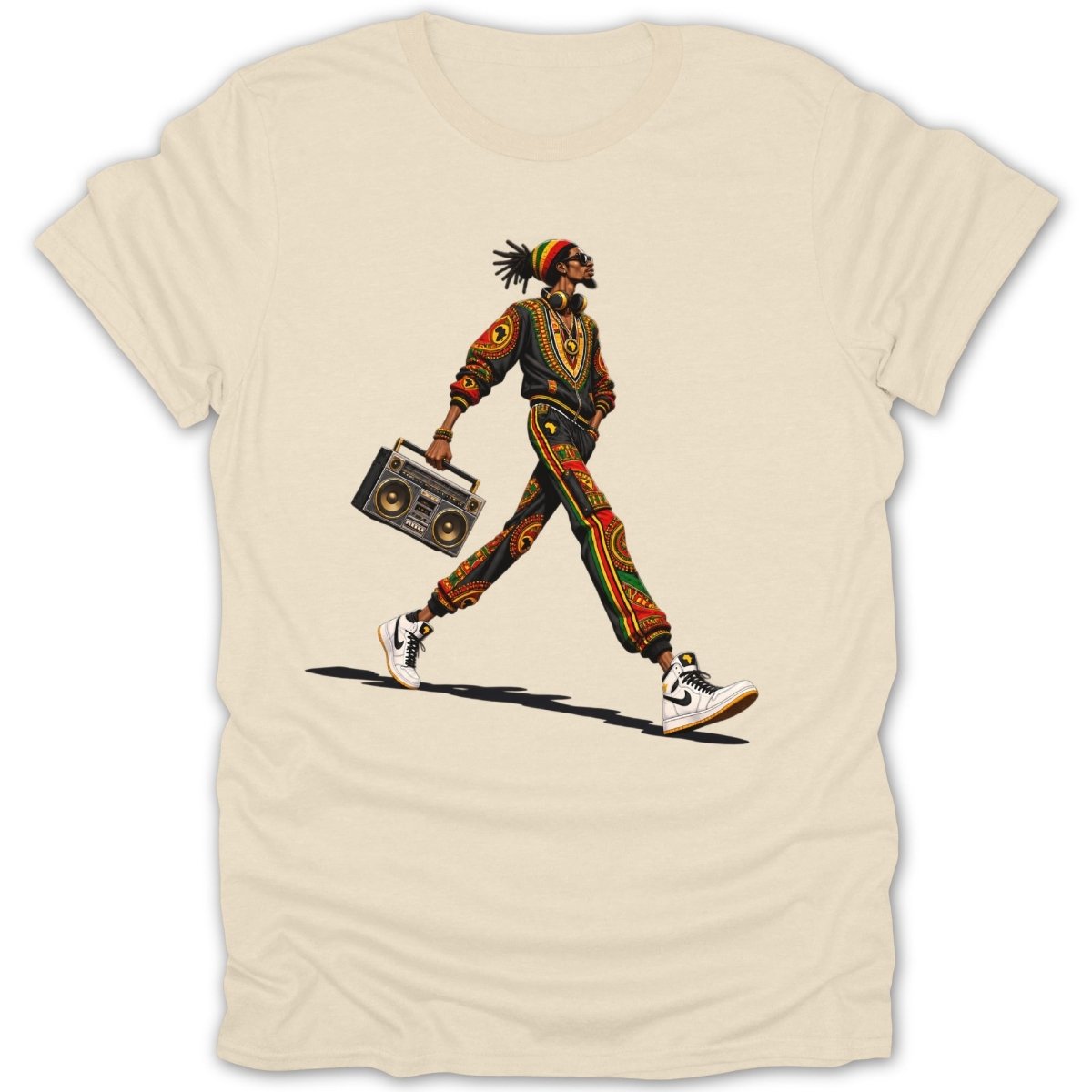 Illustration of a man in patterned clothing walking with a boombox and wearing headphones.