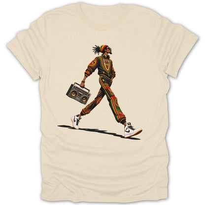 Illustration of a man in patterned clothing walking with a boombox and wearing headphones.