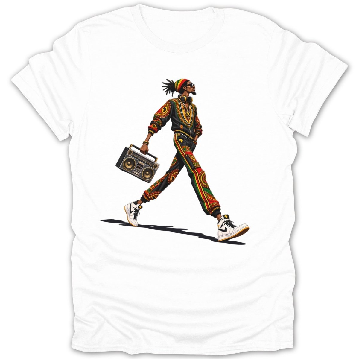 Man with dreadlocks in colorful African-print tracksuit carries boombox.