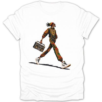 Man with dreadlocks in colorful African-print tracksuit carries boombox.