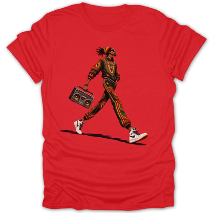 Red t-shirt featuring a stylized illustration of a person with dreadlocks holding a boombox.