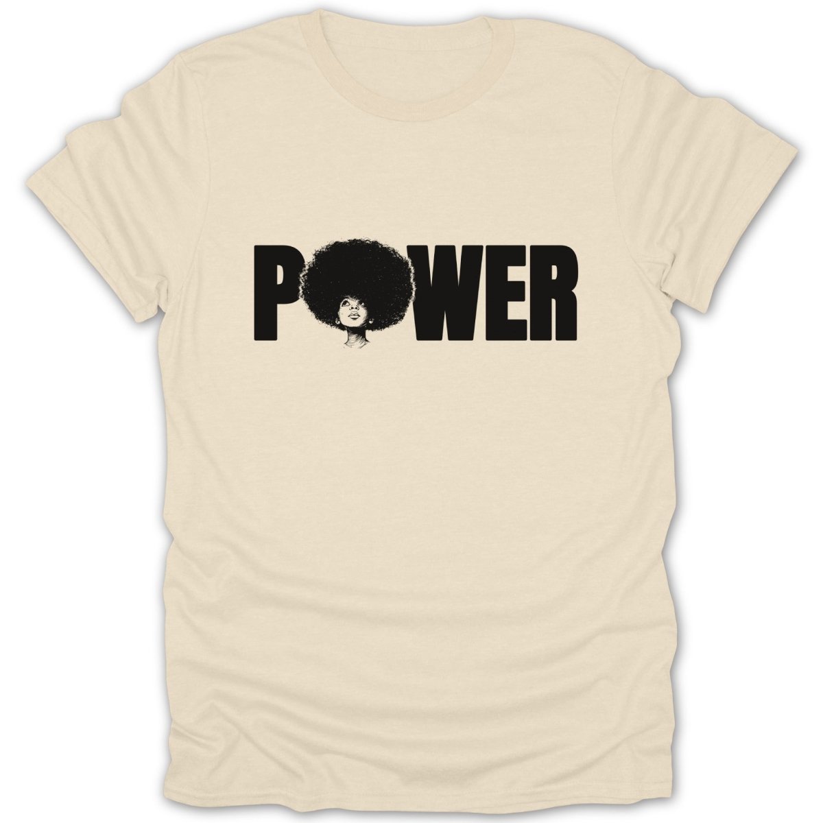 Cream t-shirt with black text "POWER" and illustration of a woman with an afro.