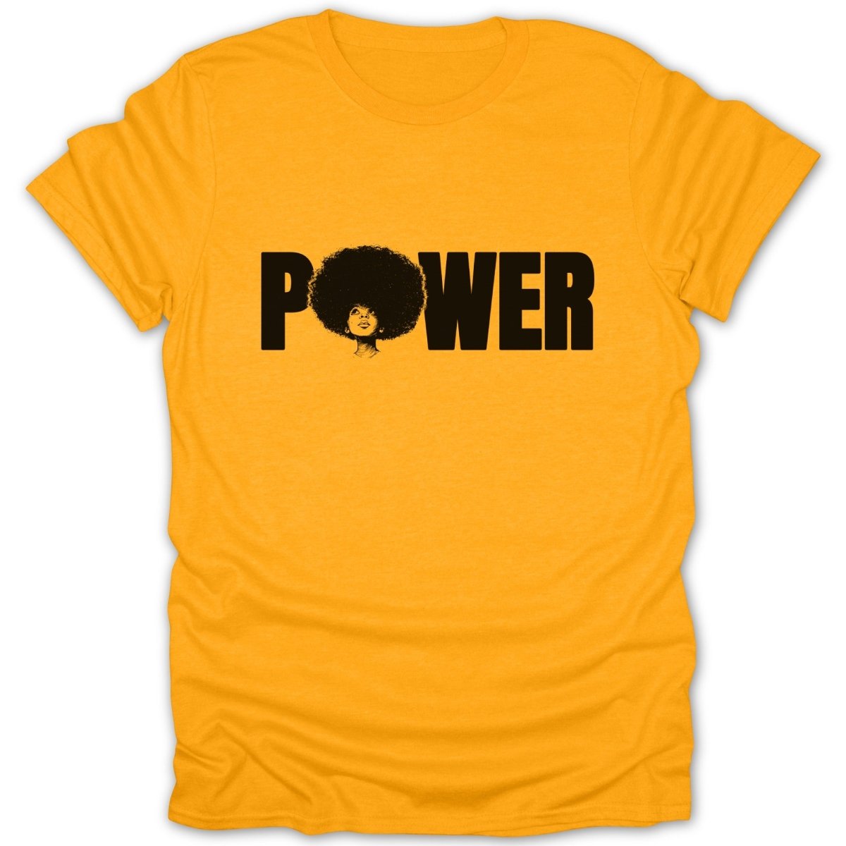 Yellow t-shirt with black text "POWER" and an illustrated woman with afro.