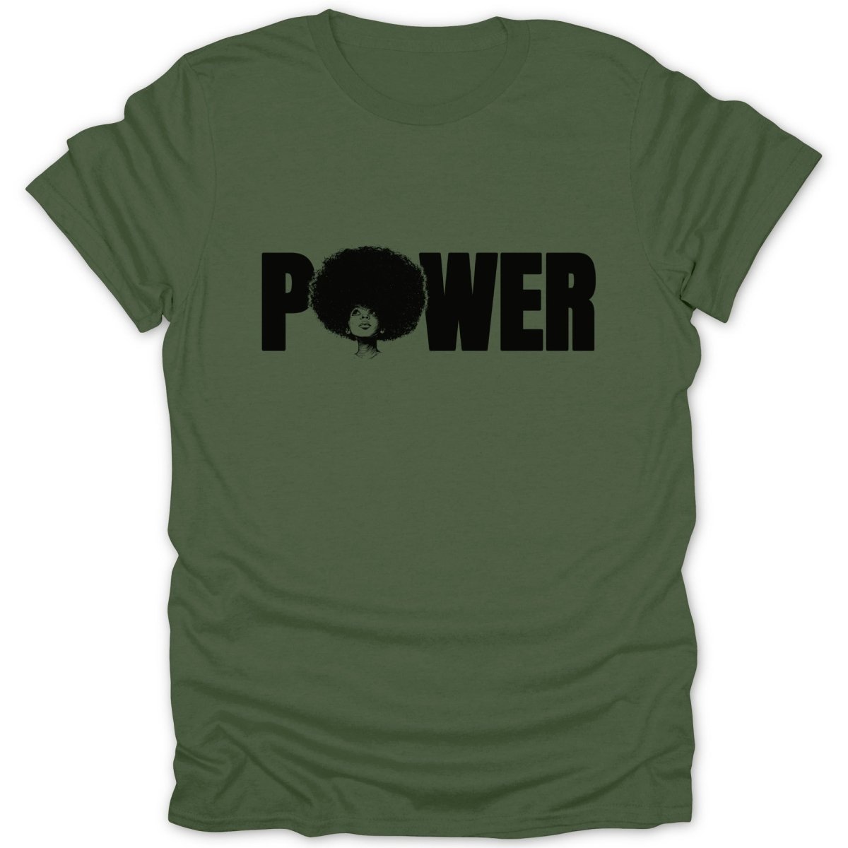 Green t-shirt with black text and image spelling out "POWER" with a woman's face.