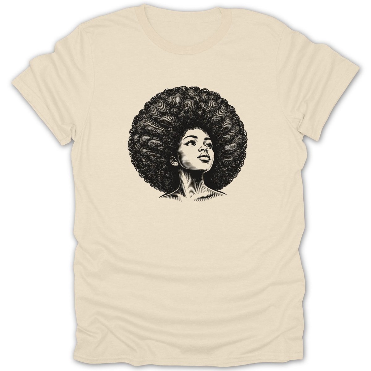 Black and white sketch of a woman with large afro hair looking upwards.