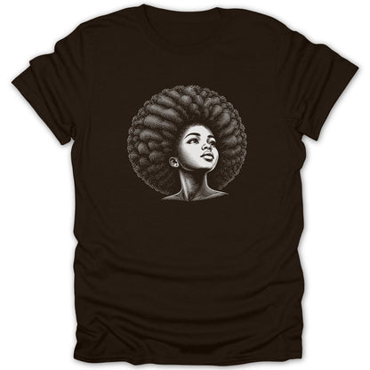 Line drawing of a woman with a large afro looking up on a dark brown t-shirt.