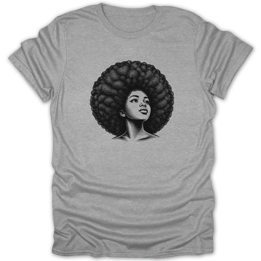 Black and white sketch of a woman with an afro on a grey t-shirt.