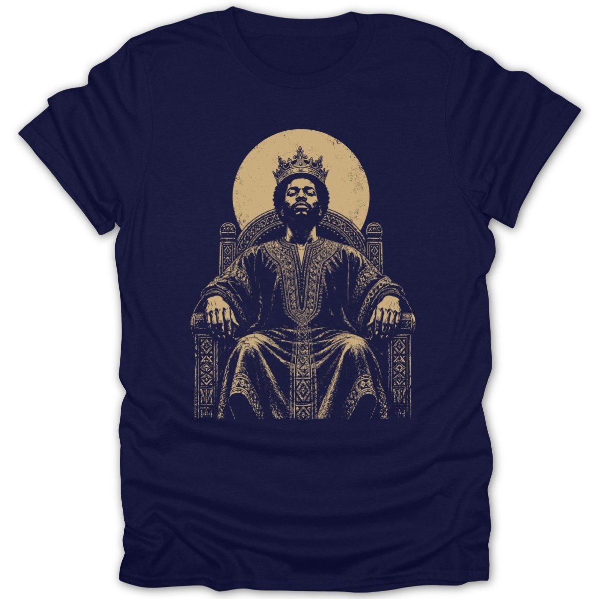 T-shirt graphic of a man with a crown sitting on a throne in front of a sun.