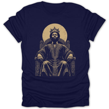 T-shirt graphic of a man with a crown sitting on a throne in front of a sun.