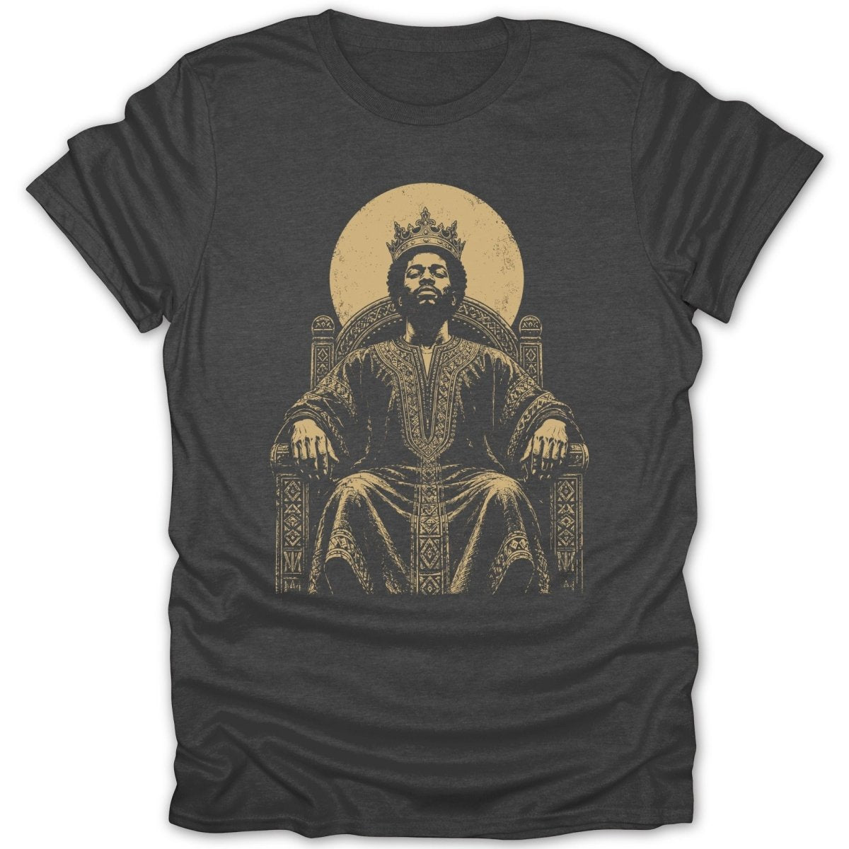 Man in crown and ornate robe sits on a throne against a circular emblem.