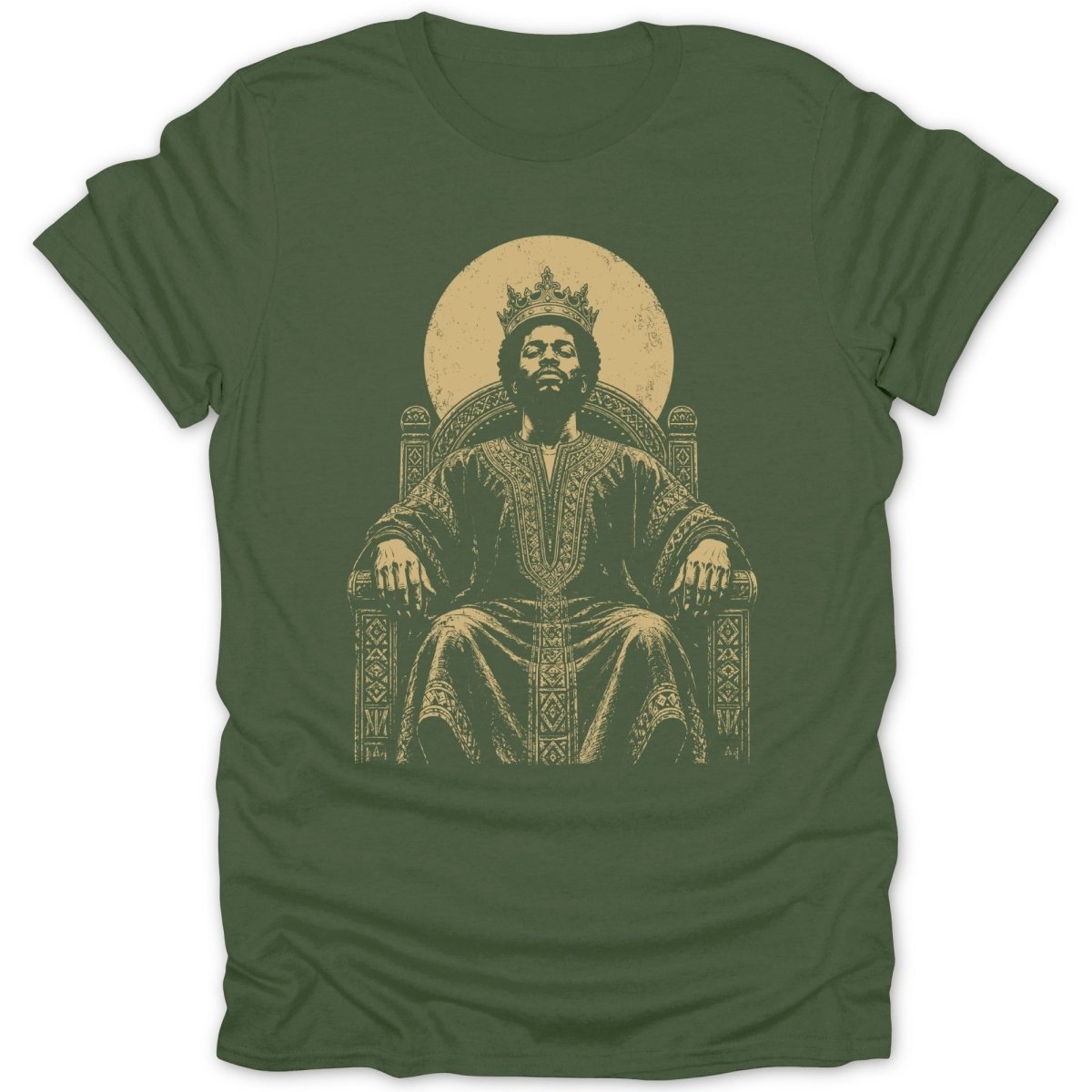King seated on a throne with crown, looking up, centered on a green t-shirt.