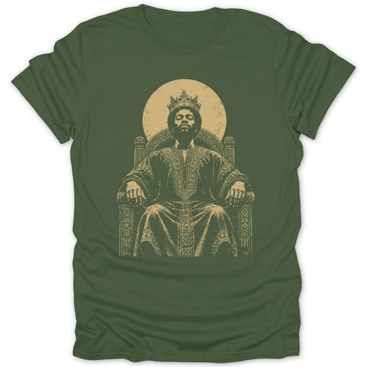 King seated on a throne with crown, looking up, centered on a green t-shirt.